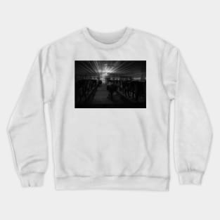 Cows at milking time in dark Amish milking shed Crewneck Sweatshirt